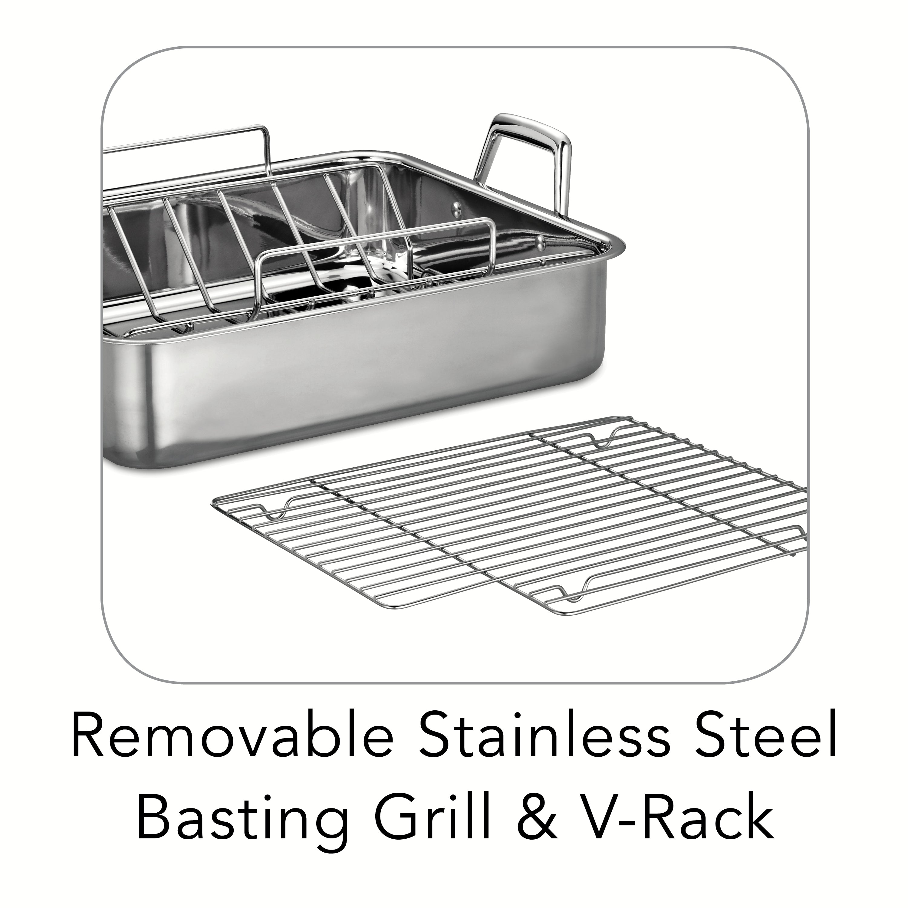 Tramontina Prima Stainless Steel Deep Roasting Pan w/ Basting Grill & V-Rack, 16.5''